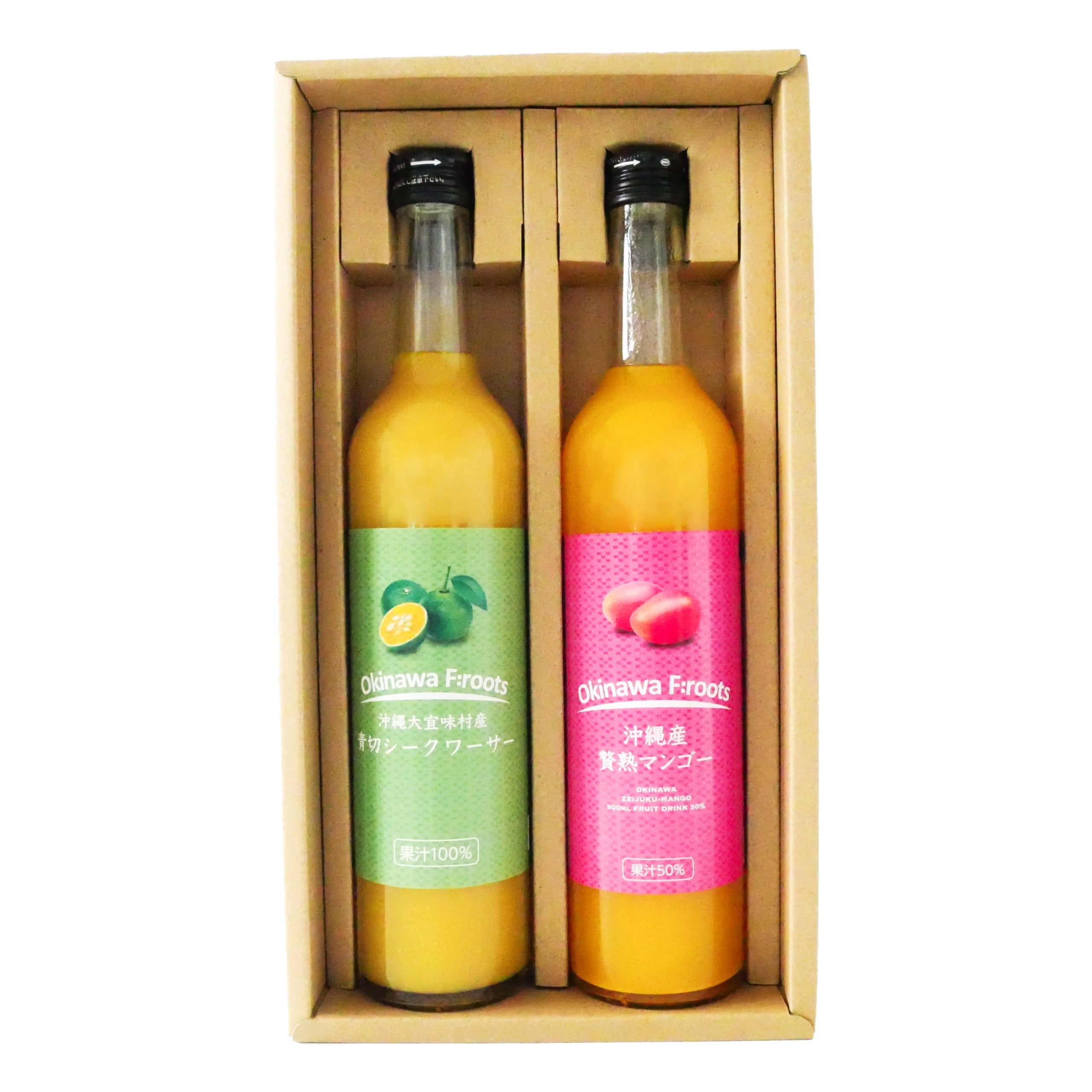 【ギフト】贅熟 沖縄県産マンゴー果汁飲料&大宜味村産青切シークヮーサージュース 500ml 2本セット|南国フルーツの贅沢ジュース